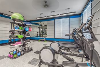A gym with a row of treadmills and exercise equipment.